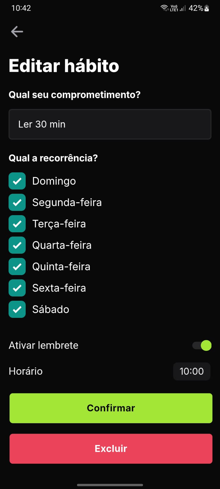 Tela de criação de hábito