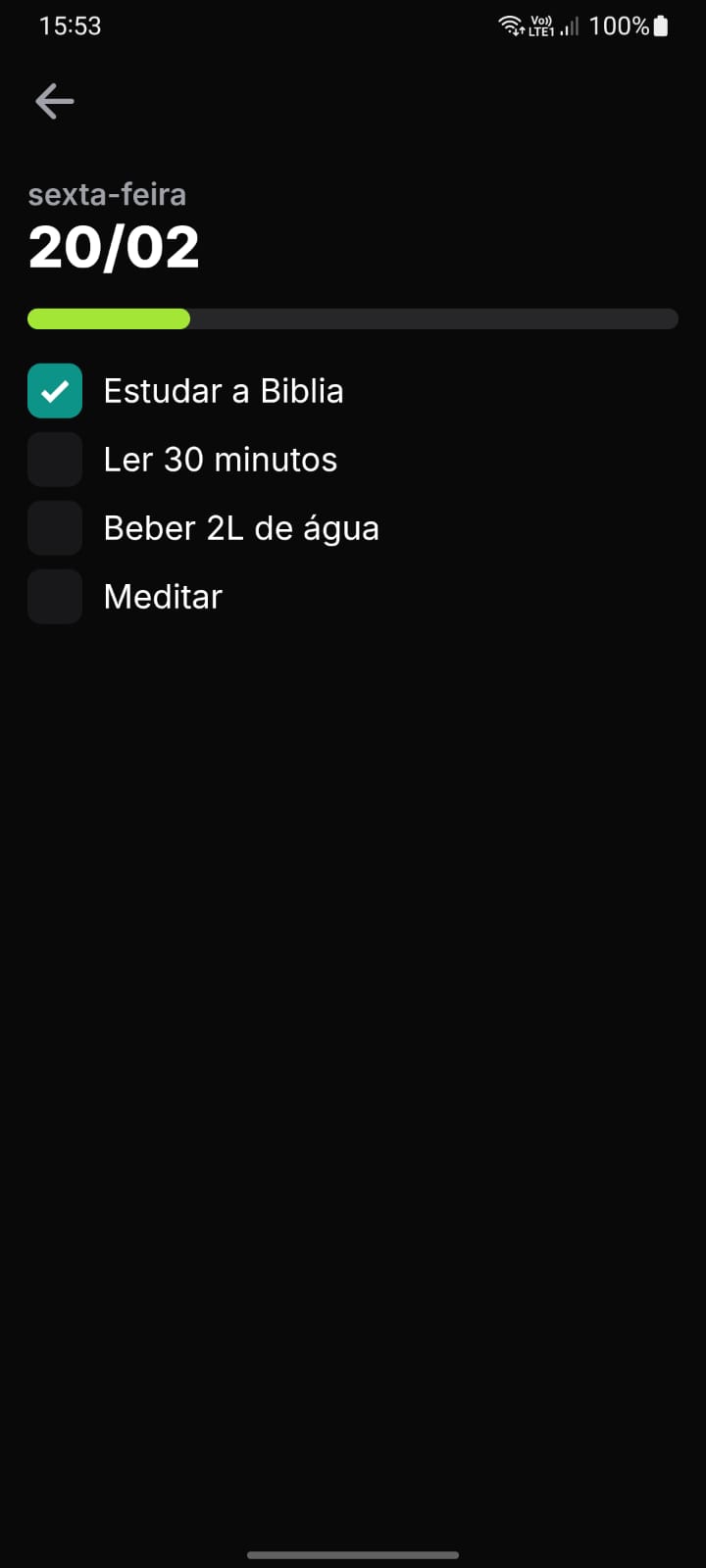 Tela de hábitos do dia com checklist