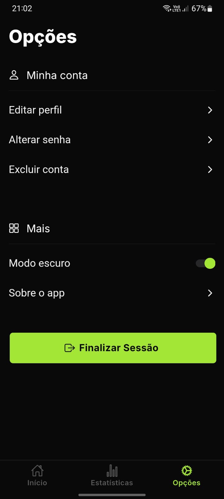 Tela de opções e configurações da conta