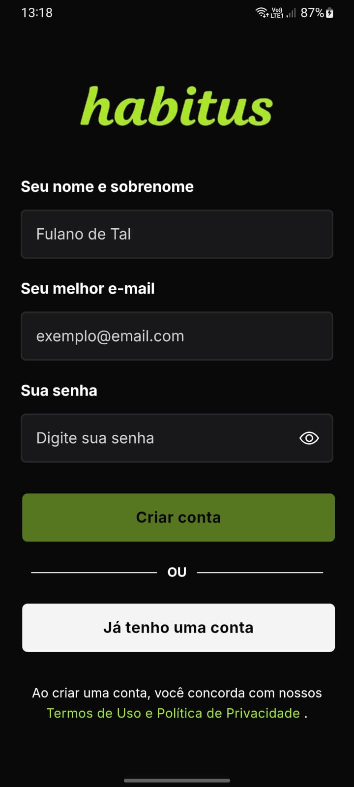 Tela de cadastro do Habitus